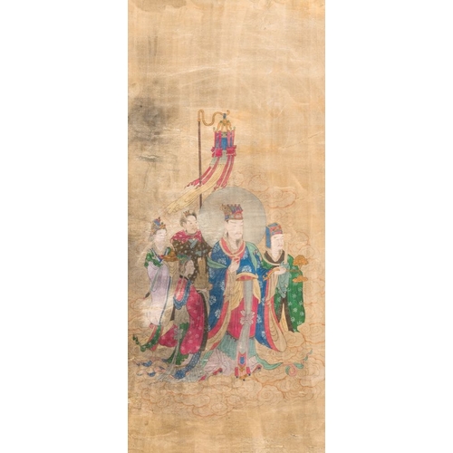 1050 - Chinese school: 'A procession of deities', ink and colour on silk, QingDim.: 205,5 x 62 cm (the scro... 