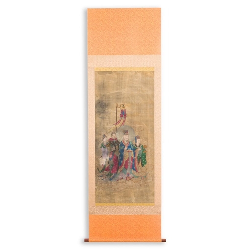 1050 - Chinese school: 'A procession of deities', ink and colour on silk, QingDim.: 205,5 x 62 cm (the scro... 