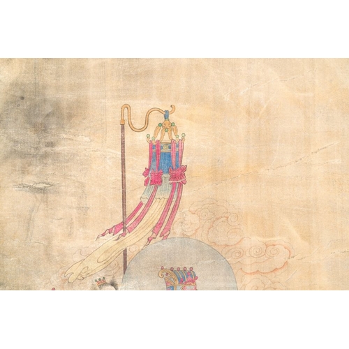 1050 - Chinese school: 'A procession of deities', ink and colour on silk, QingDim.: 205,5 x 62 cm (the scro... 