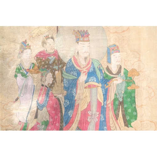 1050 - Chinese school: 'A procession of deities', ink and colour on silk, QingDim.: 205,5 x 62 cm (the scro... 