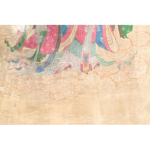 1050 - Chinese school: 'A procession of deities', ink and colour on silk, QingDim.: 205,5 x 62 cm (the scro... 