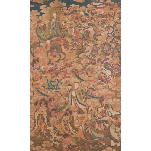 1052 - Chinese school: 'A sky full of Buddhist divinities', ink and colour on silk, 18th C.Dim.: 273,5 x 10... 