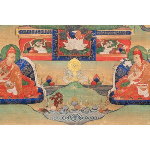 1055 - A Tibetan thangka depicting a lama, 19th C.Dim.: 120 x 43,8 cm (the mount)Dim.: 42,2 x 29,2 cm (the ... 