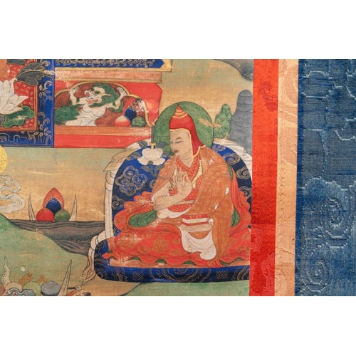 1055 - A Tibetan thangka depicting a lama, 19th C.Dim.: 120 x 43,8 cm (the mount)Dim.: 42,2 x 29,2 cm (the ... 