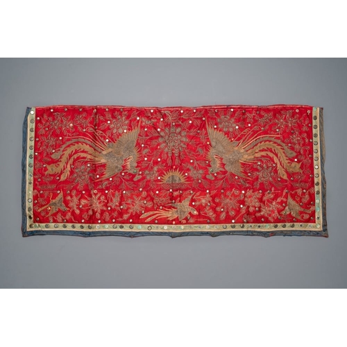 1058 - Five Chinese embroidered silk cloths with phoenixes, Buddhist lions and Sanxing, 19/20th C.Dim.: 22 ... 