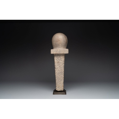 1078 - A Cambodian gray sandstone linga, pre-Angkor, 7/8th C.H.: 54 cm (incl. stand)
Accompanied by aLabora... 