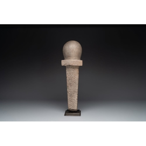 1078 - A Cambodian gray sandstone linga, pre-Angkor, 7/8th C.H.: 54 cm (incl. stand)
Accompanied by aLabora... 