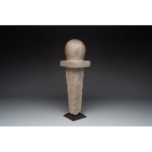 1078 - A Cambodian gray sandstone linga, pre-Angkor, 7/8th C.H.: 54 cm (incl. stand)
Accompanied by aLabora... 