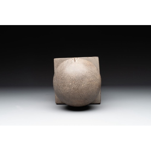 1078 - A Cambodian gray sandstone linga, pre-Angkor, 7/8th C.H.: 54 cm (incl. stand)
Accompanied by aLabora... 