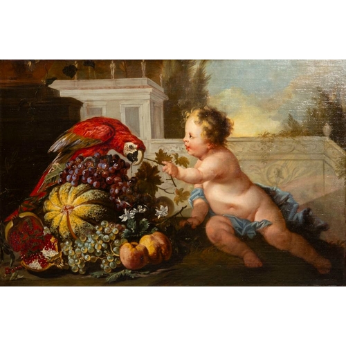 1099 - Jan Anton Garemijn (Bruges, 1712-1789): 'Putto with Parrot', oil on canvas, 18th C.Dim.: 87,5 x 127 ... 