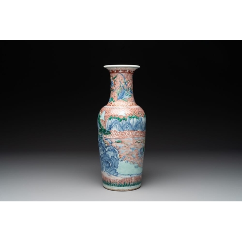 11 - A Chinese wucai 'mountainous landscape' vase, Transitional periodH.: 39 cm