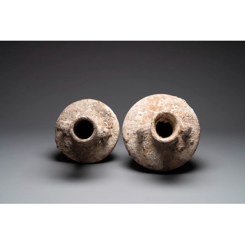 1123 - Two Roman terracotta wine or oil transport amphorae, 2nd/1st C. B.C.H.: 90,8 cm (the tallest incl. s... 