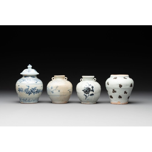 113 - Five Chinese blue and white jarlets and three russet-splashed Longquan celadon jarlets, Yuan/MingH.:... 