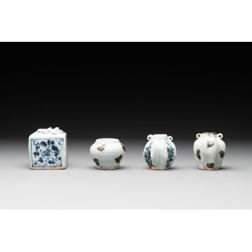 113 - Five Chinese blue and white jarlets and three russet-splashed Longquan celadon jarlets, Yuan/MingH.:... 