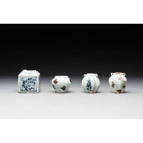 113 - Five Chinese blue and white jarlets and three russet-splashed Longquan celadon jarlets, Yuan/MingH.:... 