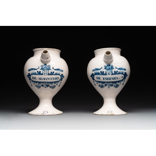 1136 - A pair of Dutch Delft blue and white wet drug or syrup jars inscribed 'DE ABSYNTHIO' and 'DE FARFARA... 