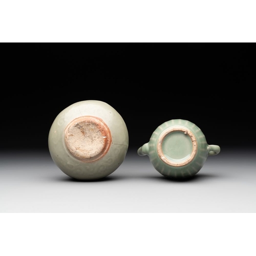 115 - A collection of six Chinese Longquan celadon wares, Yuan/MingH.: 8,5 cm (the ewer)H.: 8,5 cm (the ja... 