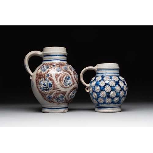 1165 - Two globular Westerwald stoneware jugs, Germany, 17/18th C.H.: 21 cm (the tallest)H.: 15,5 cm (the s... 