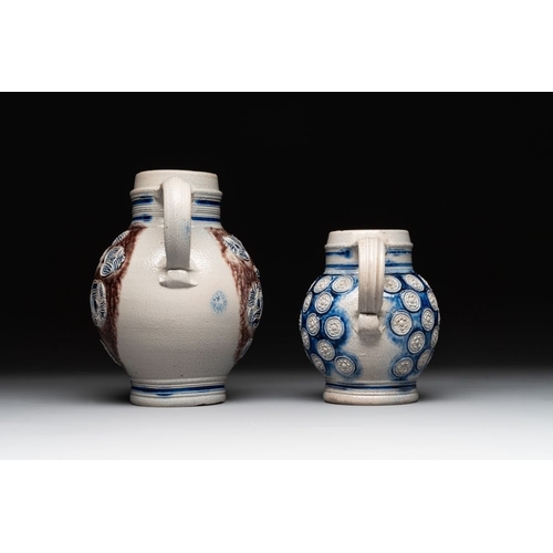 1165 - Two globular Westerwald stoneware jugs, Germany, 17/18th C.H.: 21 cm (the tallest)H.: 15,5 cm (the s... 