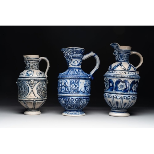 1168 - A varied collection of 8 Westerwald stoneware jugs, 19th C.H.: 45 cm (the tallest)H.: 8 cm (the smal... 