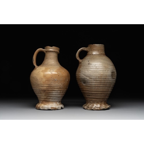 1170 - Five German stoneware jugs, 16/17th C.H.: 25 cm (the tallest)H.: 20 cm (the smallest)... 