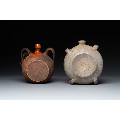 1172 - Five stoneware jugs or pilgrim flasks, including a Raeren example with armorial design, 16/17th C. a... 