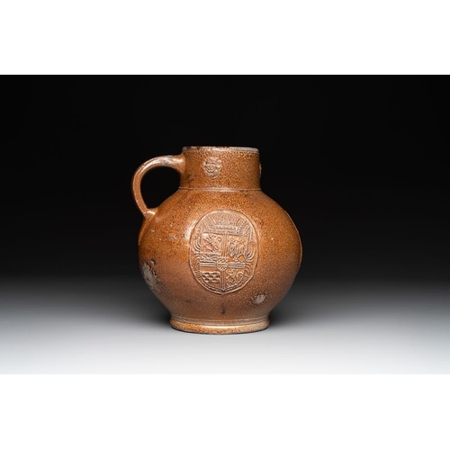 1181 - A globular stoneware jug with three coat of arms medallions, Germany, 16th C.H.: 21,5 cm... 