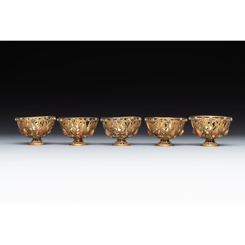 1197 - An Ottoman coral-and-turquoise-inlaid gilt-copper tea service with five Chinese wucai cups, 19th C.L... 