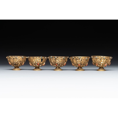 1197 - An Ottoman coral-and-turquoise-inlaid gilt-copper tea service with five Chinese wucai cups, 19th C.L... 