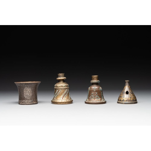 1198 - A bidriware vase, a steel hookah cup and three copper alloy hookah mounts, India/Persia, 19th C.H.: ... 