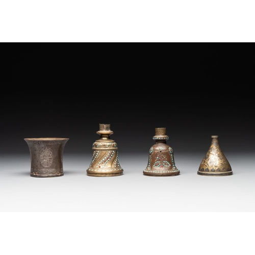 1198 - A bidriware vase, a steel hookah cup and three copper alloy hookah mounts, India/Persia, 19th C.H.: ... 