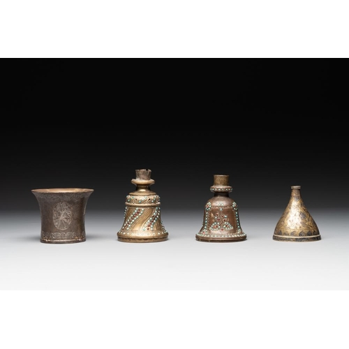 1198 - A bidriware vase, a steel hookah cup and three copper alloy hookah mounts, India/Persia, 19th C.H.: ... 