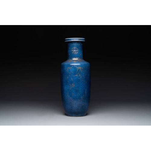 135 - A Chinese gilt-decorated powder blue 'dragon and phoenix' rouleau vase, KangxiH.: 45,5 cm... 