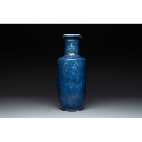 135 - A Chinese gilt-decorated powder blue 'dragon and phoenix' rouleau vase, KangxiH.: 45,5 cm... 