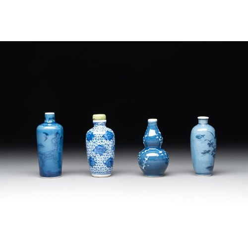 142 - Three Chinese powder blue-ground blue and white snuff bottles and one blue and white snuff bottle, 1... 