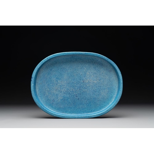 144 - A Chinese robin's egg-glazed narcissus basin with a wooden stand, 19th C.H.: 3 cm - Dia.: 26 cm (the... 