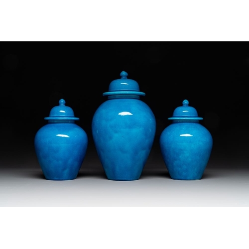 147 - Three Chinese turquoise-glazed covered vases and a lavender-blue-glazed vase, Kangxi mark, 19/20th C... 