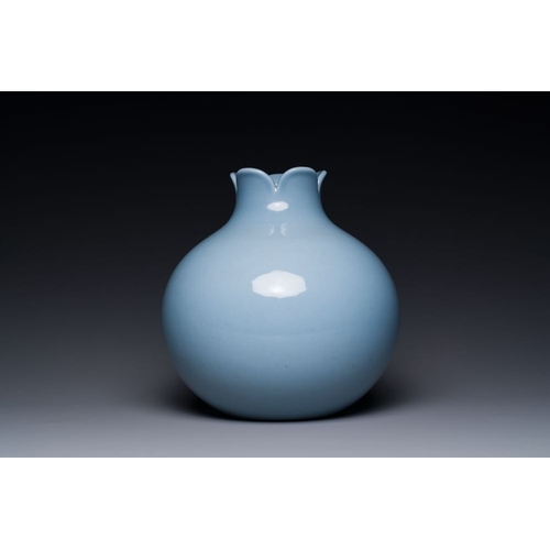 151 - A Chinese lavender-blue-glazed pomegranate-shaped  vase, Qianlong mark, 19/20th C.H.: 19 cm... 