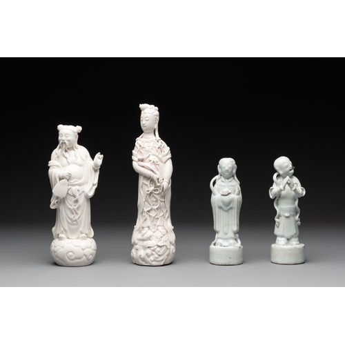 169 - A pair of Chinese white-glazed figures and two Dehua blanc de Chine figures, 18th C. and RepublicH.:... 