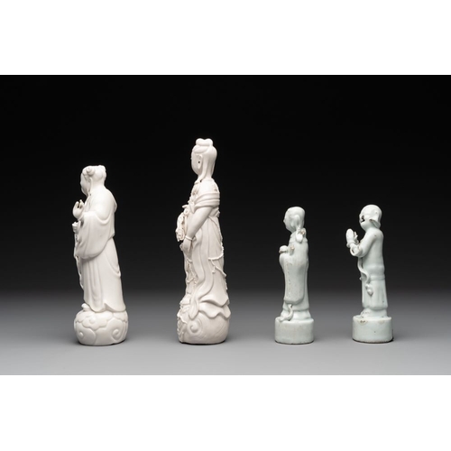 169 - A pair of Chinese white-glazed figures and two Dehua blanc de Chine figures, 18th C. and RepublicH.:... 