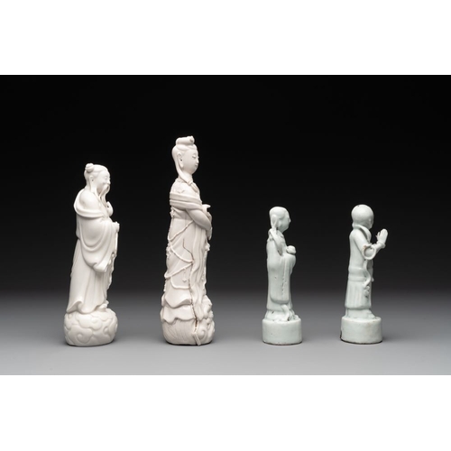 169 - A pair of Chinese white-glazed figures and two Dehua blanc de Chine figures, 18th C. and RepublicH.:... 