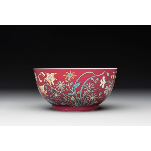 210 - A Chinese famille rose ruby-ground 'peony' bowl, Yongzheng mark,19/20th C.Dia.: 12,5 cm -H.: 6,5 cm... 