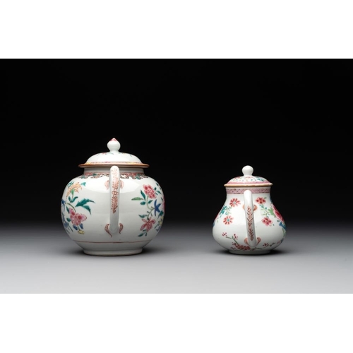 216 - Two Chinese famille rose teapots with floral design, Yongzheng/QianlongL.: 18 cm - H.: 14 cm (the la... 