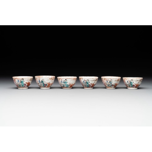 223 - Six Chinese Canton famille rose 'mandarin subject' cups and ten saucers, QianlongDia.: 9 cm (the sau... 