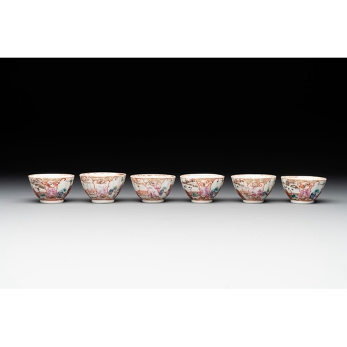 223 - Six Chinese Canton famille rose 'mandarin subject' cups and ten saucers, QianlongDia.: 9 cm (the sau... 