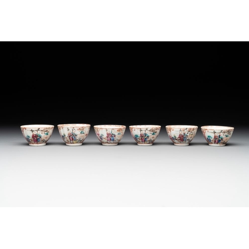 223 - Six Chinese Canton famille rose 'mandarin subject' cups and ten saucers, QianlongDia.: 9 cm (the sau... 