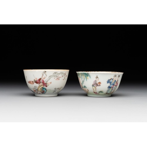 224 - Six Chinese Canton famille rose 'mandarin subject' cups and seven saucers, Yongzheng/QianlongDia.: 1... 