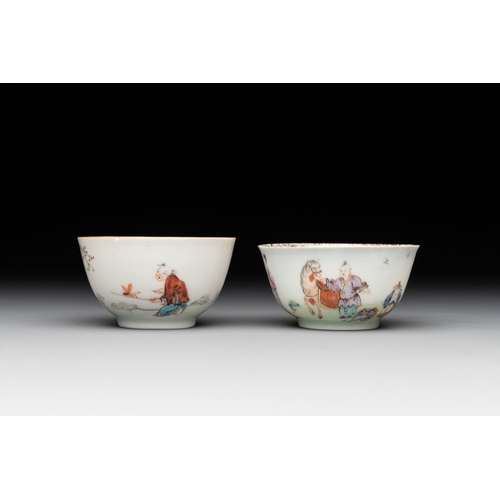 224 - Six Chinese Canton famille rose 'mandarin subject' cups and seven saucers, Yongzheng/QianlongDia.: 1... 