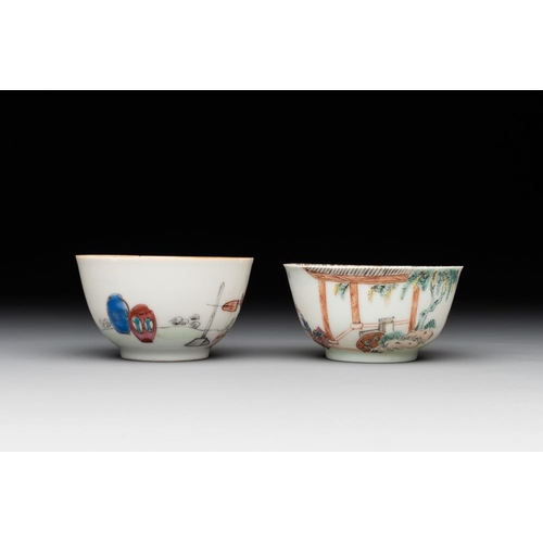 224 - Six Chinese Canton famille rose 'mandarin subject' cups and seven saucers, Yongzheng/QianlongDia.: 1... 