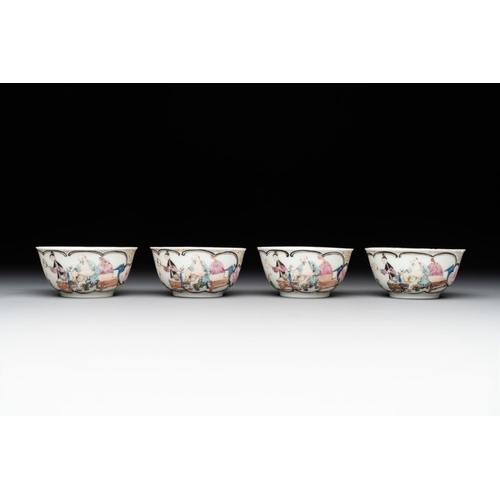 224 - Six Chinese Canton famille rose 'mandarin subject' cups and seven saucers, Yongzheng/QianlongDia.: 1... 